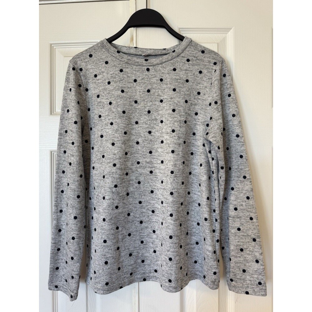 Women’s Gray Polka Dot Long Sleeve Scoop Neck Tee Sweater Sweatshirt Size M